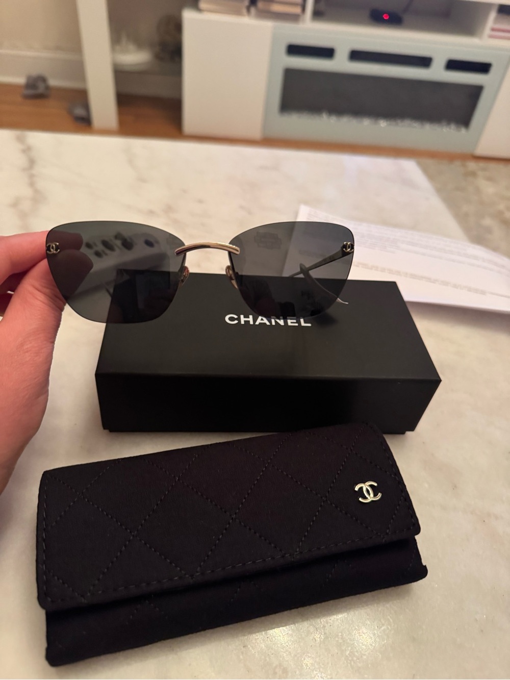 CHANEL Black Rimless Cat-Eye Sunglasses with Gold Accents - Picture 10 of 12